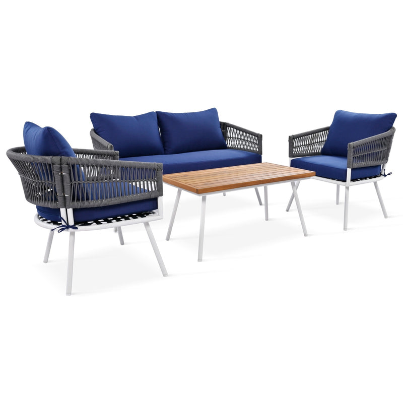 K&K 4-Piece Boho Rope Patio Furniture Set, Outdoor Furniture With Acacia Wood Table, Patio Conversat