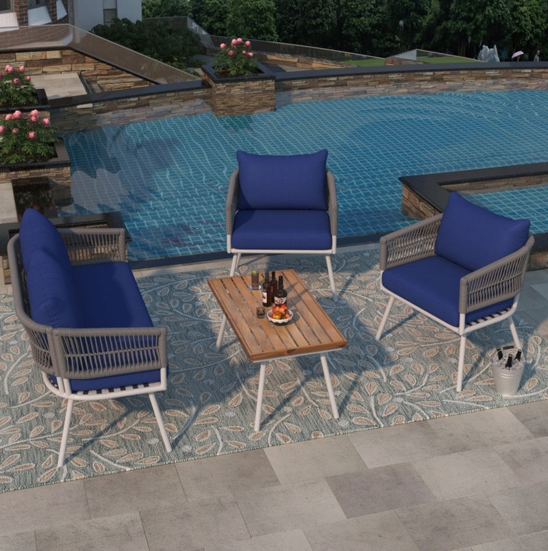 K&K 4-Piece Boho Rope Patio Furniture Set, Outdoor Furniture With Acacia Wood Table, Patio Conversat