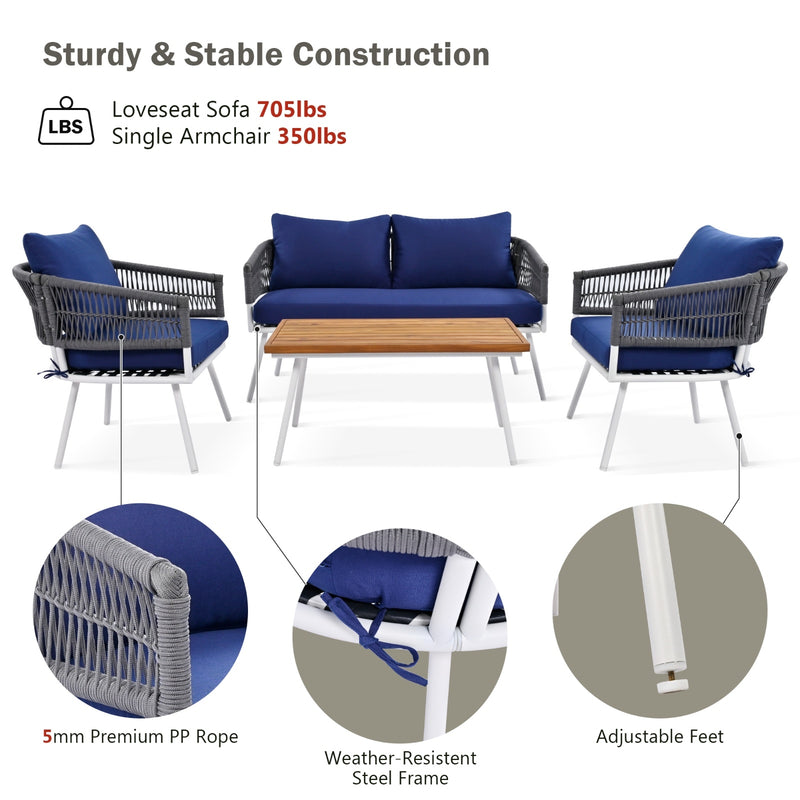 K&K 4-Piece Boho Rope Patio Furniture Set, Outdoor Furniture With Acacia Wood Table, Patio Conversat